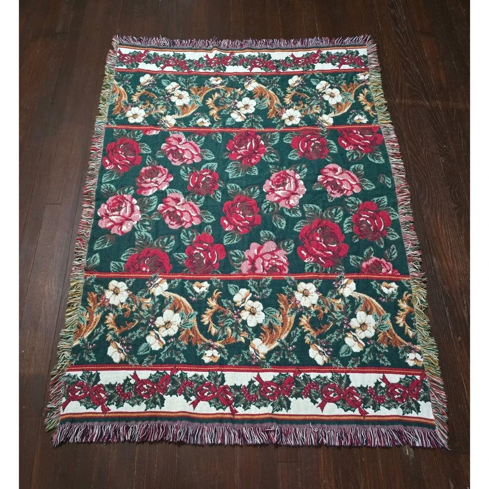 Vintage Floral Woven Tapestry Throw Blanket Red Roses Green Fringe 47x66 Cottage